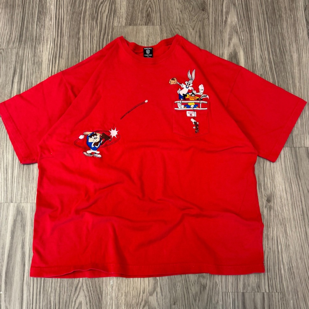 Vintage 90s Warner Bros Looney Tunes Baseball Embroidered Pocket T-Shirt Red XXL